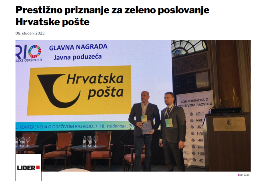 Lider: Prestižno priznanje za zeleno poslovanje Hrvatske pošte